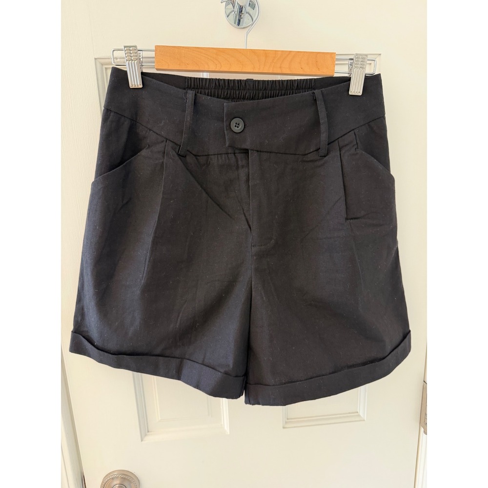 Belle Poque Womens Black High Waisted Pleated Cuffed Shorts Size M Cotton Blend